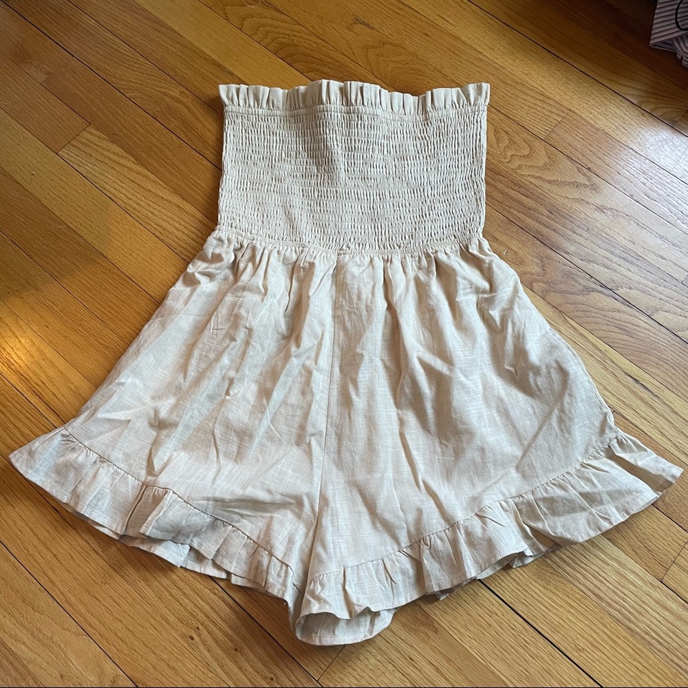 Princess Polly Tan Beige Strapless Ruched and Ruffle Romper